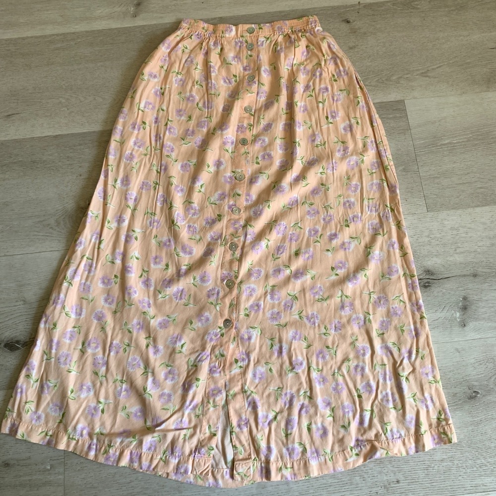 Susan Bristol Casuals Peach Floral Button Front Maxi‎ Skirt Womens Small Vintage